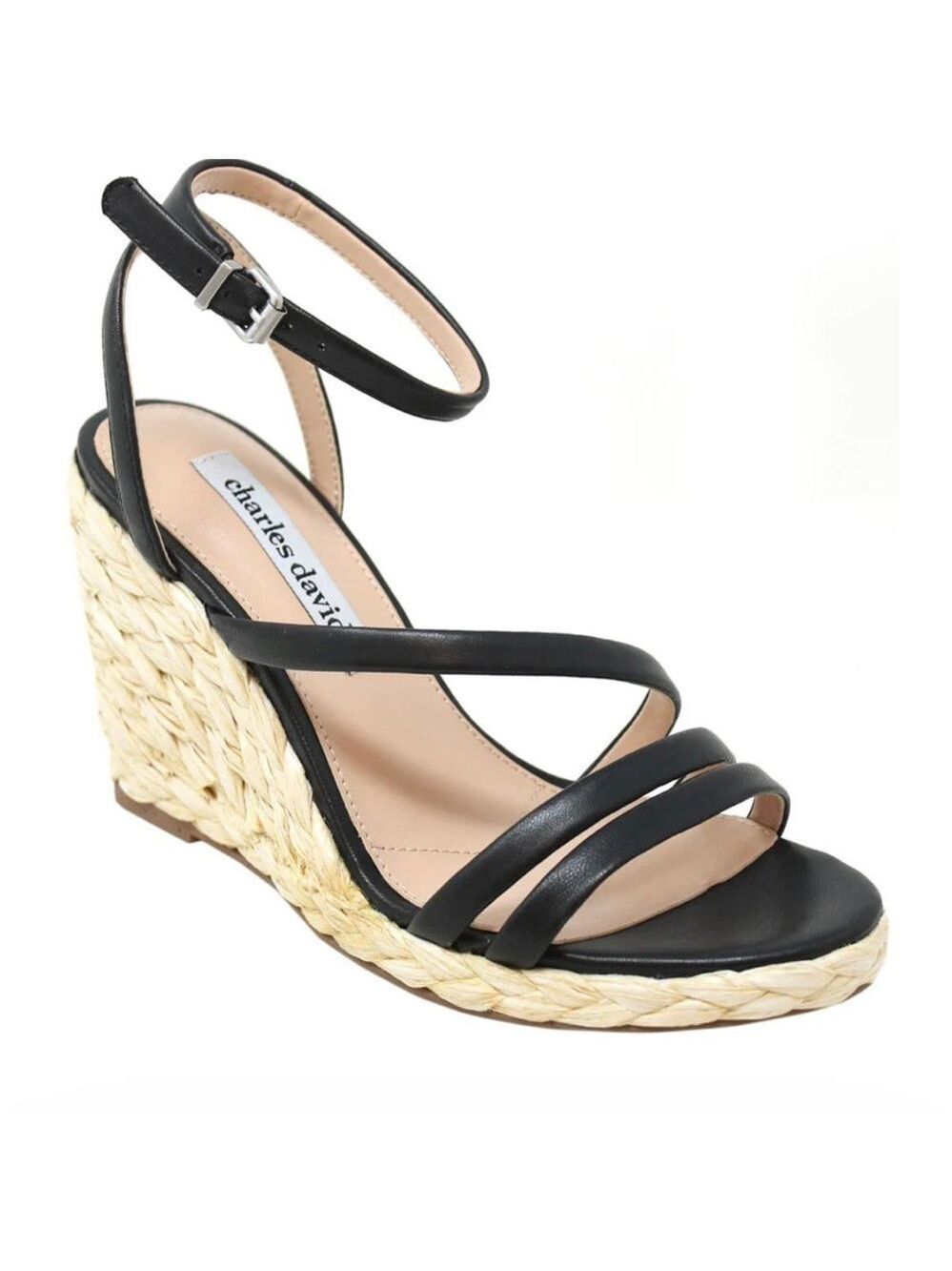 Charles David Rylee Ankle Strap Espadrille Wedge Sandals in Black Leather - NWT